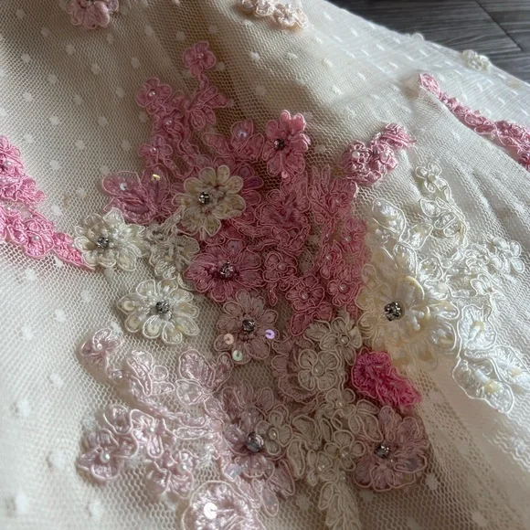 Sherri Hill Pink and Cream Floral Embroidered Lace Embellished Dress - Picture 9 of 16